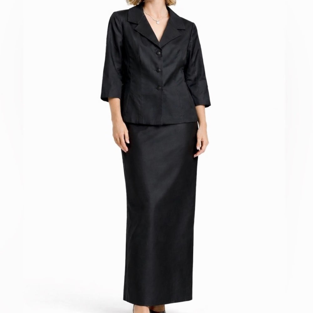 Talbots Petites Black Pure Silk Blazer & Skirt Set Maxi Career Quiet Luxury Sz 8